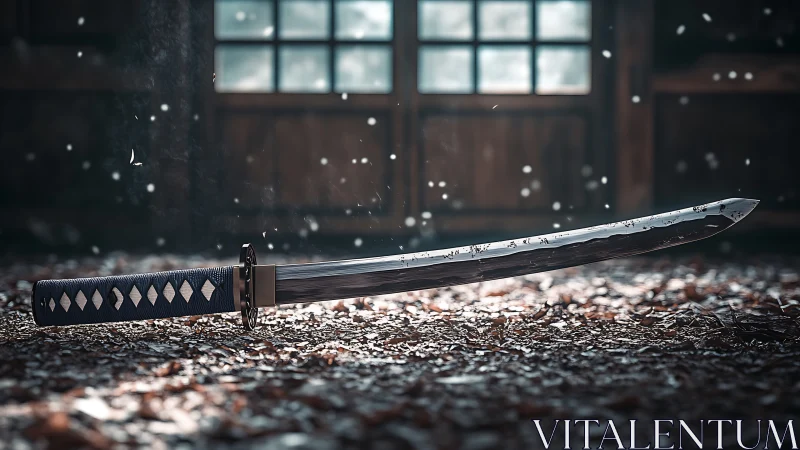 Samurai katana rests on dojo floor under drifting dust motes.
