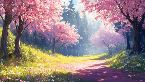 Digital painting of sunlit cherry blossom woodland path.