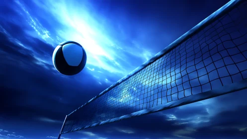 Volleyball in motion against luminous blue storm sky.