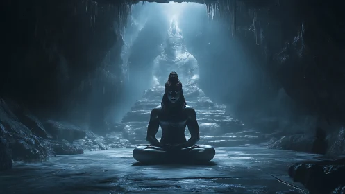 Silent yogi meditates in a sacred cave of blue ethereal light