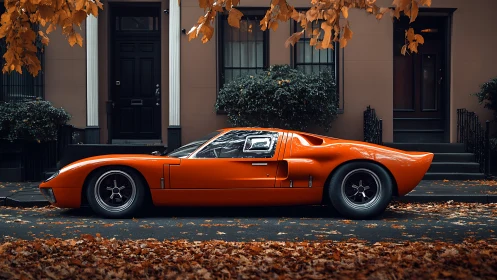 Orange supercar lounges beneath drifting autumn leaves in town