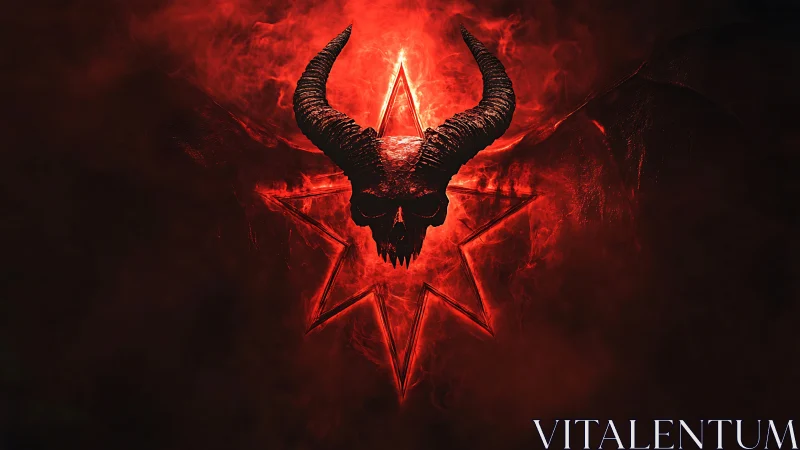 Horned skull in crimson smoke over a glowing infernal star.