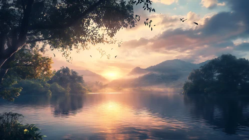 Digital painting of tranquil sunset lake with misty hills.