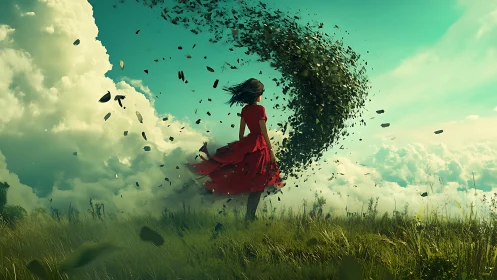Girl in red dress facing swirling leaf vortex in sky field.