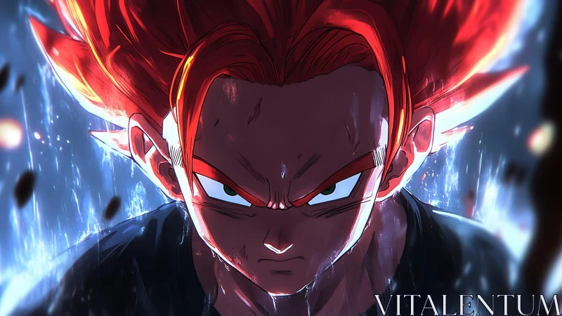 Fiery anime warrior glares forward amid crackling storm energy