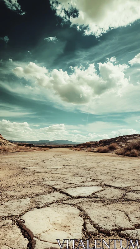 Cracked desert track under expansive clouds in daylight.