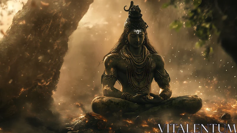 Cosmic yogi in molten dusk, cradling stormlit stillness.