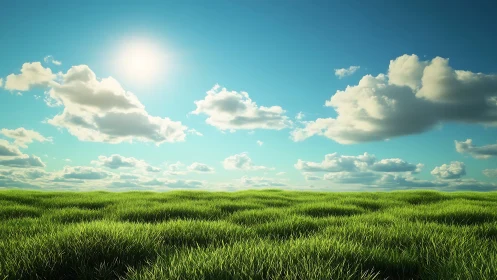 Sunlit green meadow rolls gently under a bright open sky