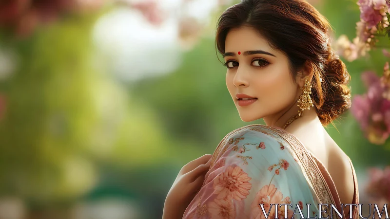 Soft-focus portrait of woman in floral sari with shallow depth