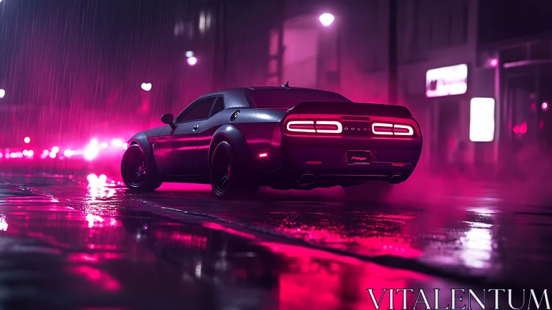 Nighttime street scene shows parked sports car in heavy rain