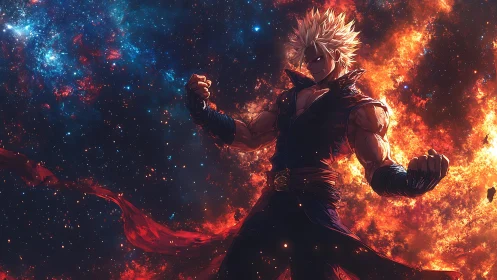 Blazing cosmic warrior stands strong in a storm of starlight