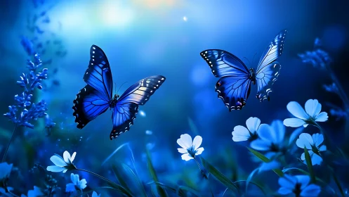 Blue butterflies drift through luminous twilight meadow.