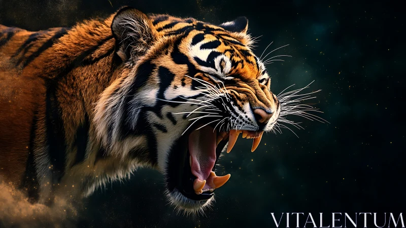 Snarling tiger head rendered with dramatic photoreal detail