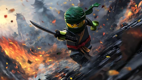 Toy ninja sprints through blazing battlefield of falling ash.