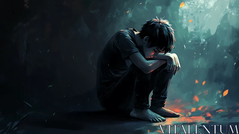 Curled-up boy gathers embers of hope in a painted dusk corner