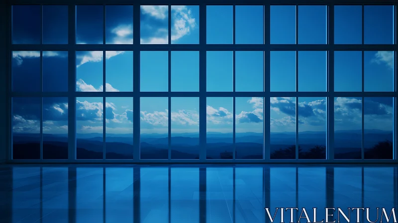 Blue-toned panoramic windows overlooking distant mountains.