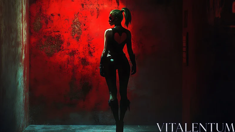 Neon alley heartbreaker in backlit crimson shadows stride.