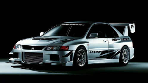 Turbocharged silver tuner car glowing against black night.