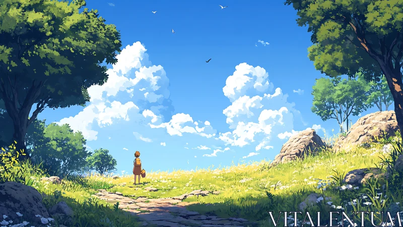 Child stands in a sunlit meadow under vast summer skies