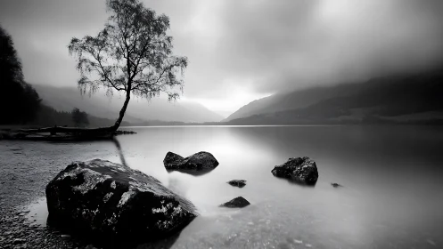 Quiet misty lakeside tree sharing a peaceful, gentle hush.