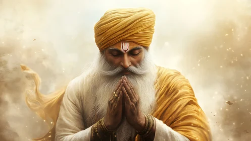 Elderly turbaned devotee in prayer, warm soft diffusion lighting