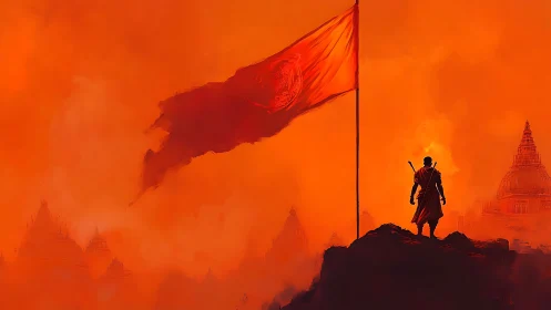 Lone warrior guards a blazing citadel beneath a defiant banner