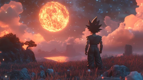 Saiyan warrior gazes toward a burning celestial sunscape.