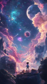 Child explorer studies luminous cosmic sky from cliff edge.