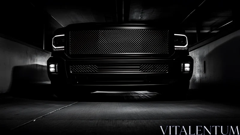 Front view black pickup truck in low key lighting in garage.