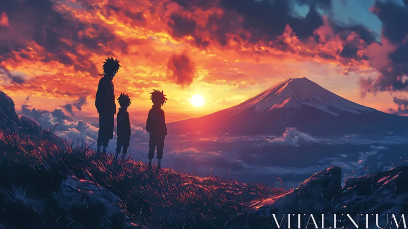 Anime silhouettes observe volcanic peak at saturated sunset
