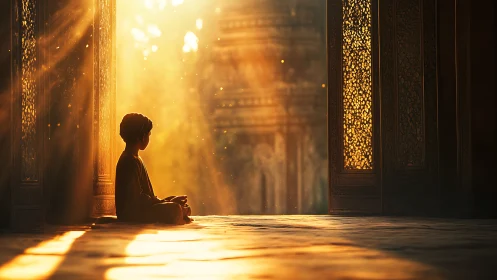 Meditative child in golden temple doorway at sunrise.