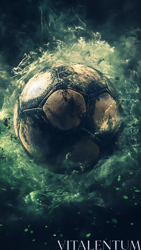 Stormborn soccer sphere swirling through emerald smoke.