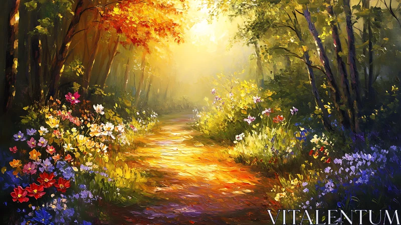 Sunlit forest path with vibrant impressionist wildflower edges.