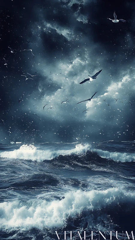 Stormy dark ocean waves under night sky with flying seabirds.