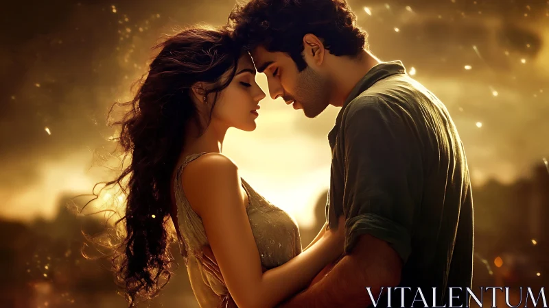 Two figures positioned in close proximity against backlit golden atmosphere