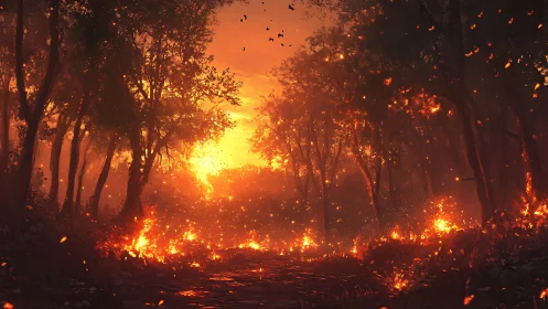 Forest Fire at Sunset: Intense Wildfire through Dense Trees.