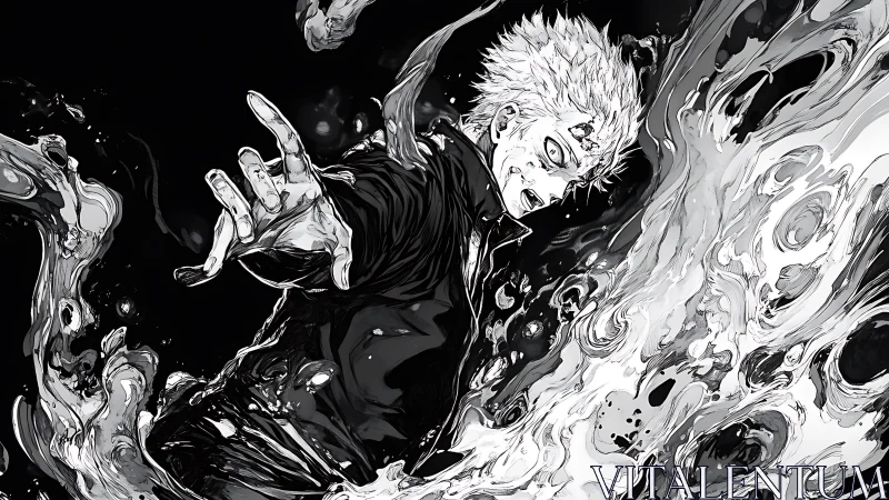Dynamic manga sorcerer unleashing turbulent monochrome energy wave