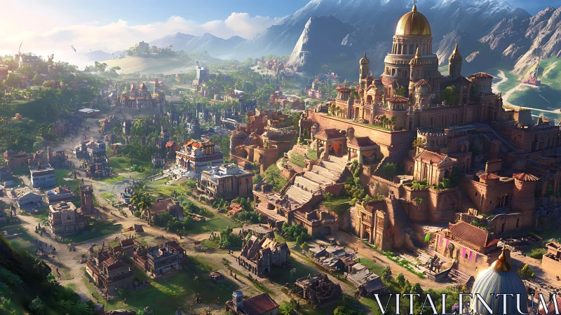 Sunlit fantasy hilltop city crowned by a golden palace.