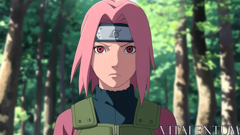 Pink-haired ninja portrait under diffused forest light.