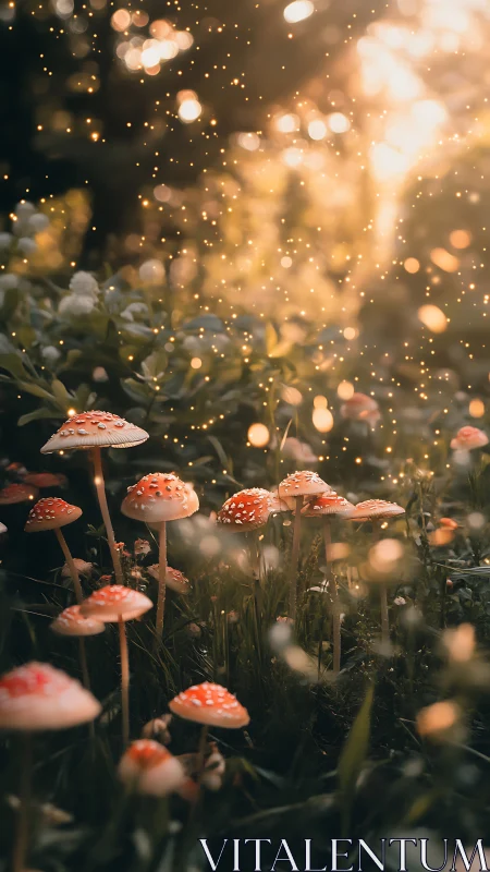Luminescent fly agaric microhabitat under golden bokeh haze.