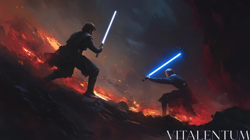 Volcanic ridge duel with blue plasma swords in lava glow