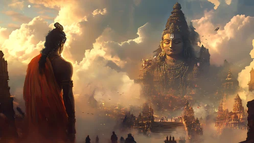 Epic atmospheric vista shows colossal deity temple amid clouds