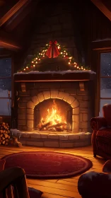 Stone fireplace burns brightly in decorated log cabin room