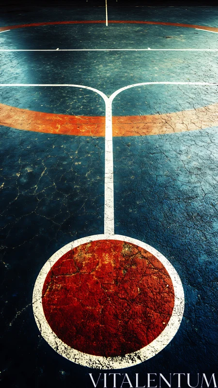Geometric court abstraction with weathered circular focal point.