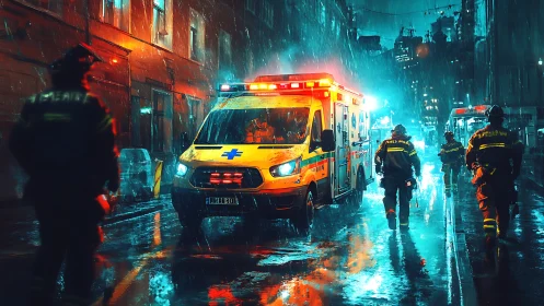 Neon drenched emergency response on rain slicked city street.