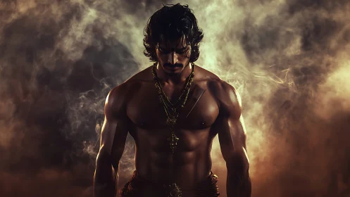 Muscular shirtless man stands in dramatic smoky lighting
