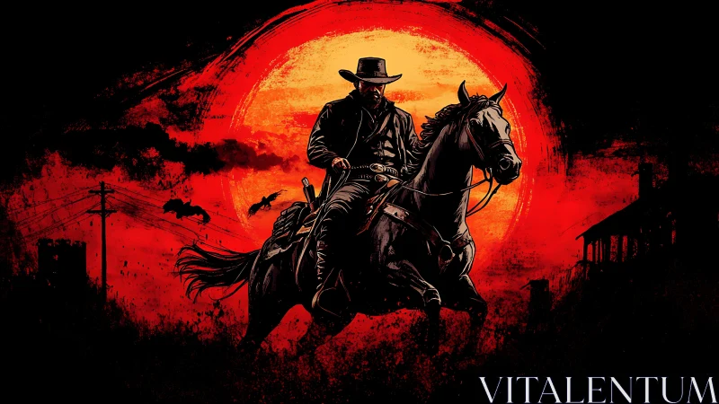 Midnight rider crossing a blazing frontier sunset sky.