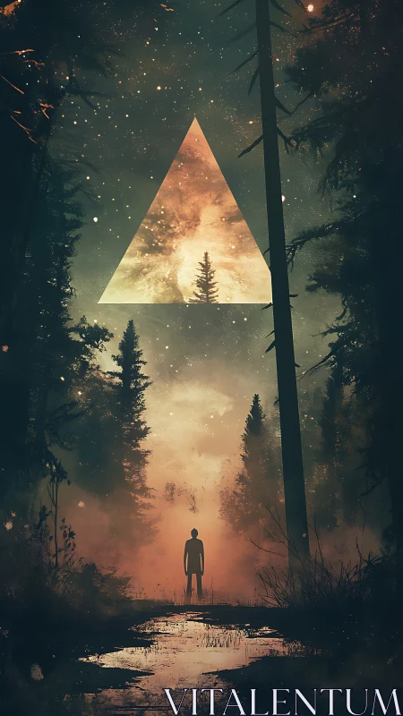 Triangular portal over misty forest and lone figure.