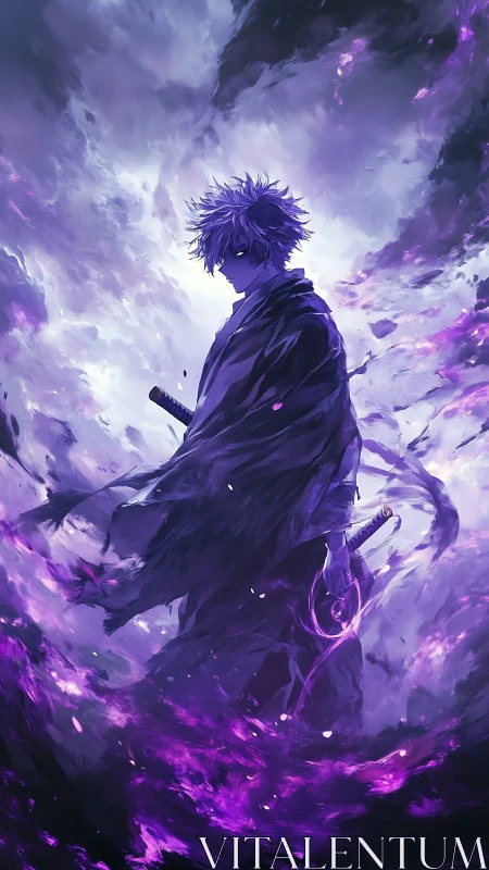 Cursed swordsman commands violet stormfire amid twilight void.