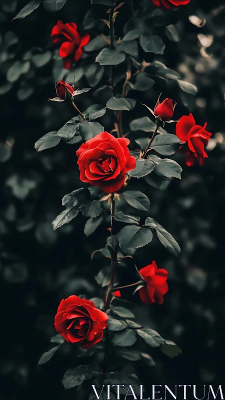 Vibrant Red Roses Blooming Against Dark Foliage.